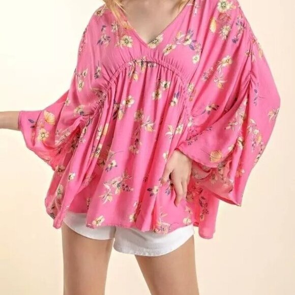 143 Story By Line Up Pink Floral 3/4 Sleeve Top Blouse - Picture 1 of 13